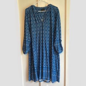 New Directions 3/4 Sleeve Blue Patterned Dress